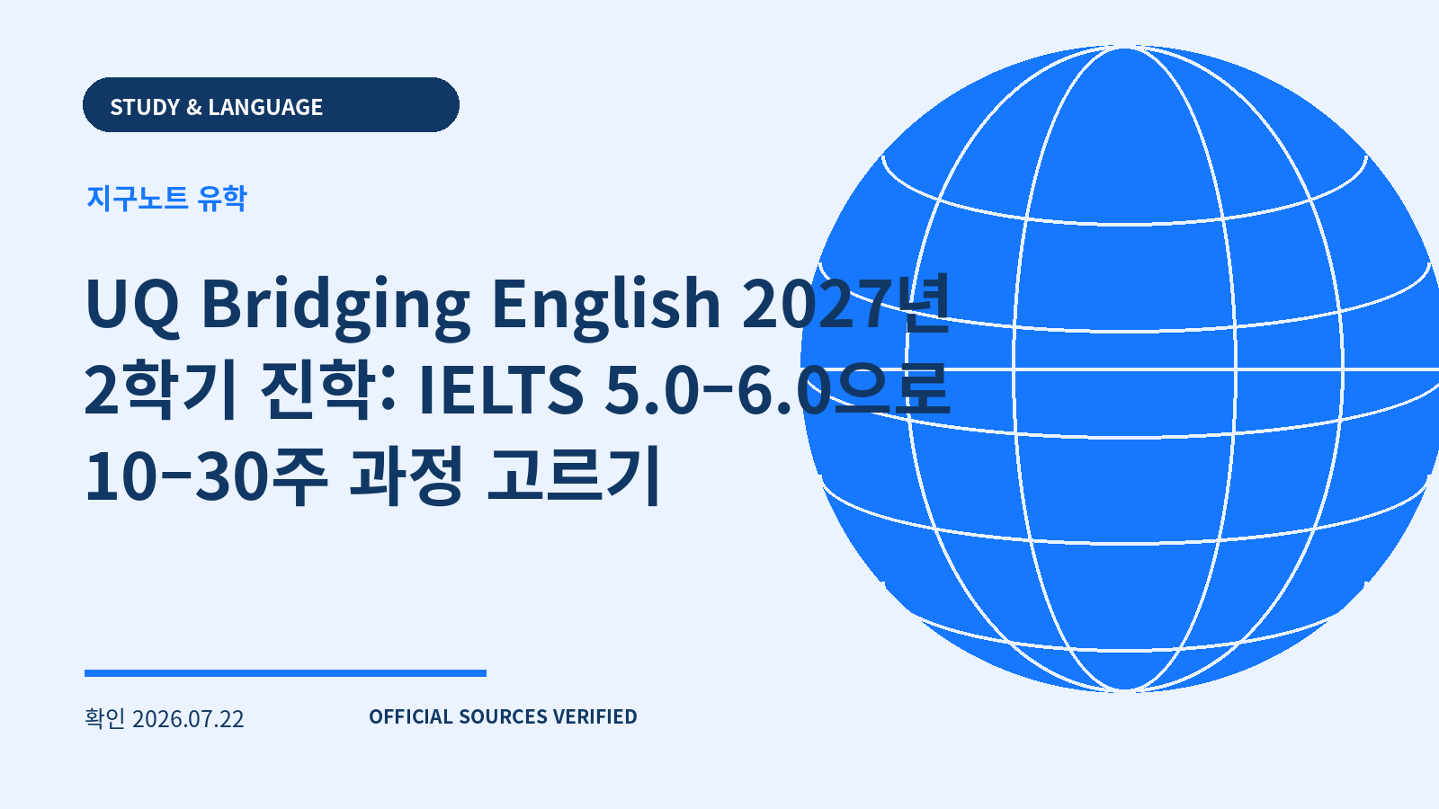 UQ Bridging English 2027년 2학기 진학: IELTS 5.0–6.0으로 10–30주 과정 고르기 대표 이미지
